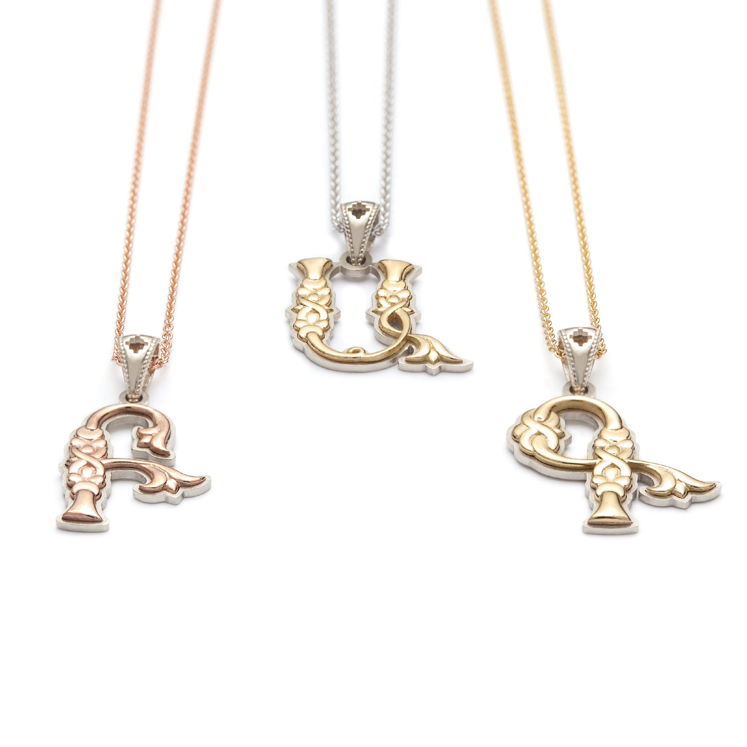 Armenian Initial Two-Tone Gold Pendants Side View