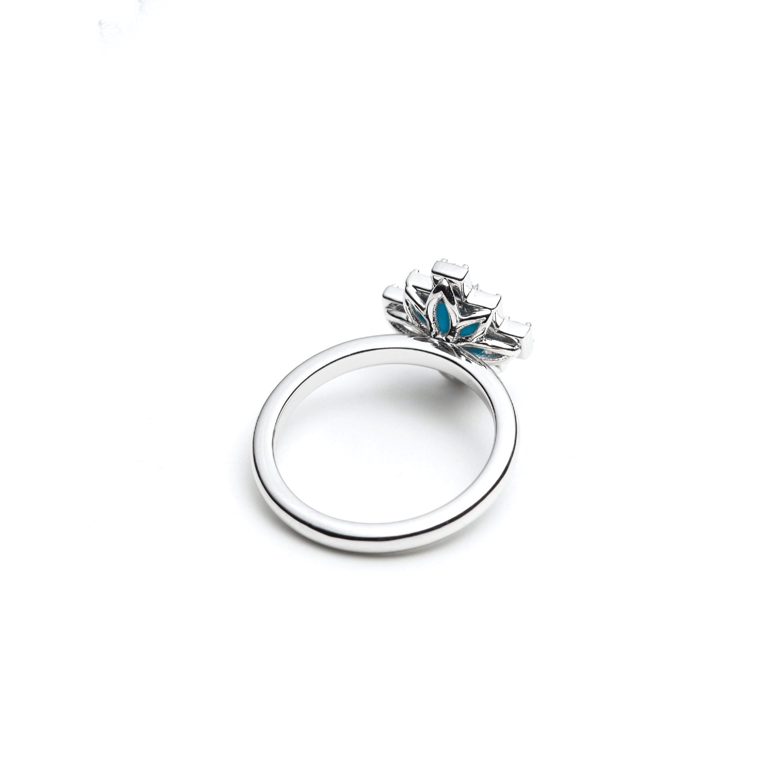 Cabochon Cut Turquoise and Lab-Grown Diamond Step Motif Ring in Sterling Silver Side View