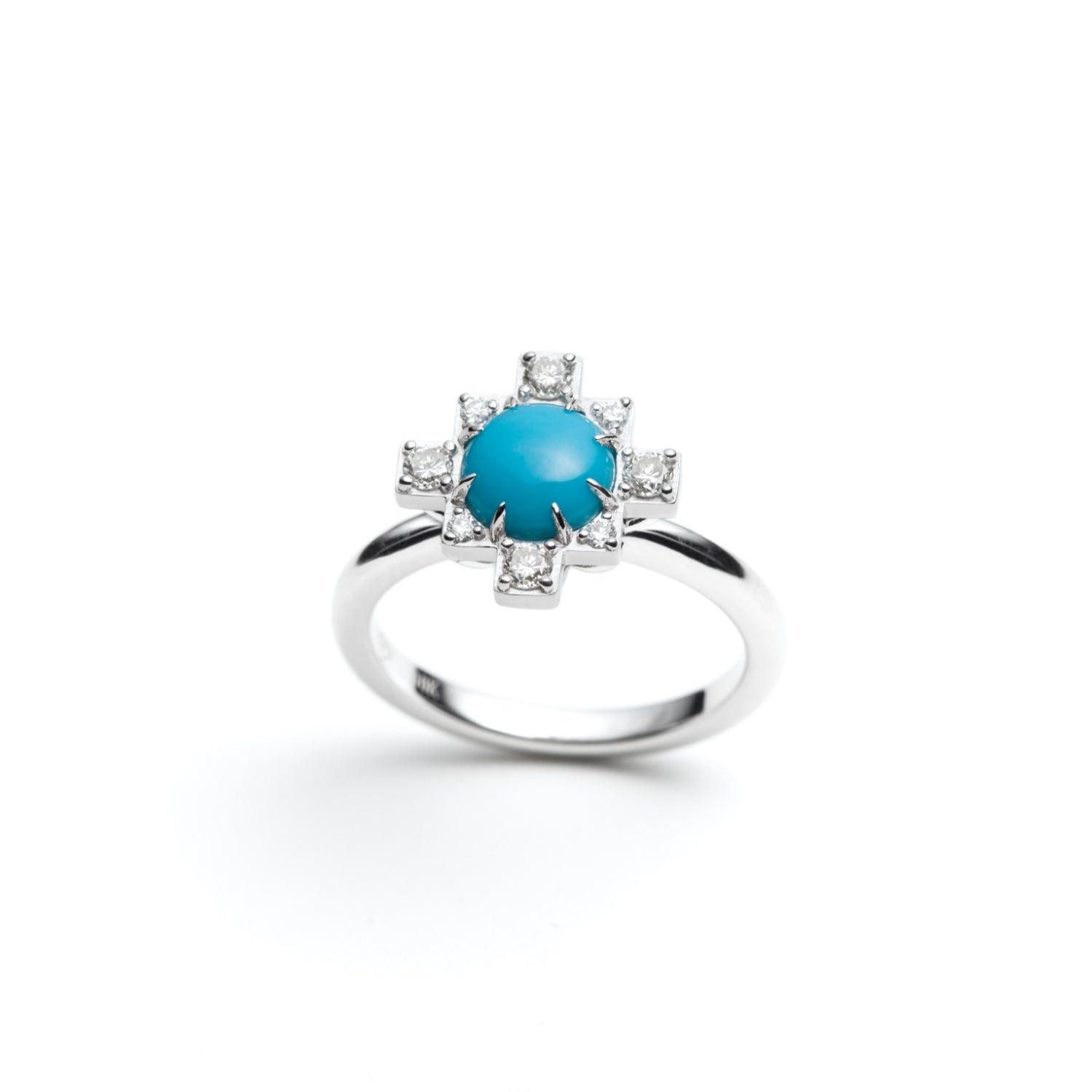 Cabochon Cut Turquoise and Lab-Grown Diamond Step Motif Ring in White Gold