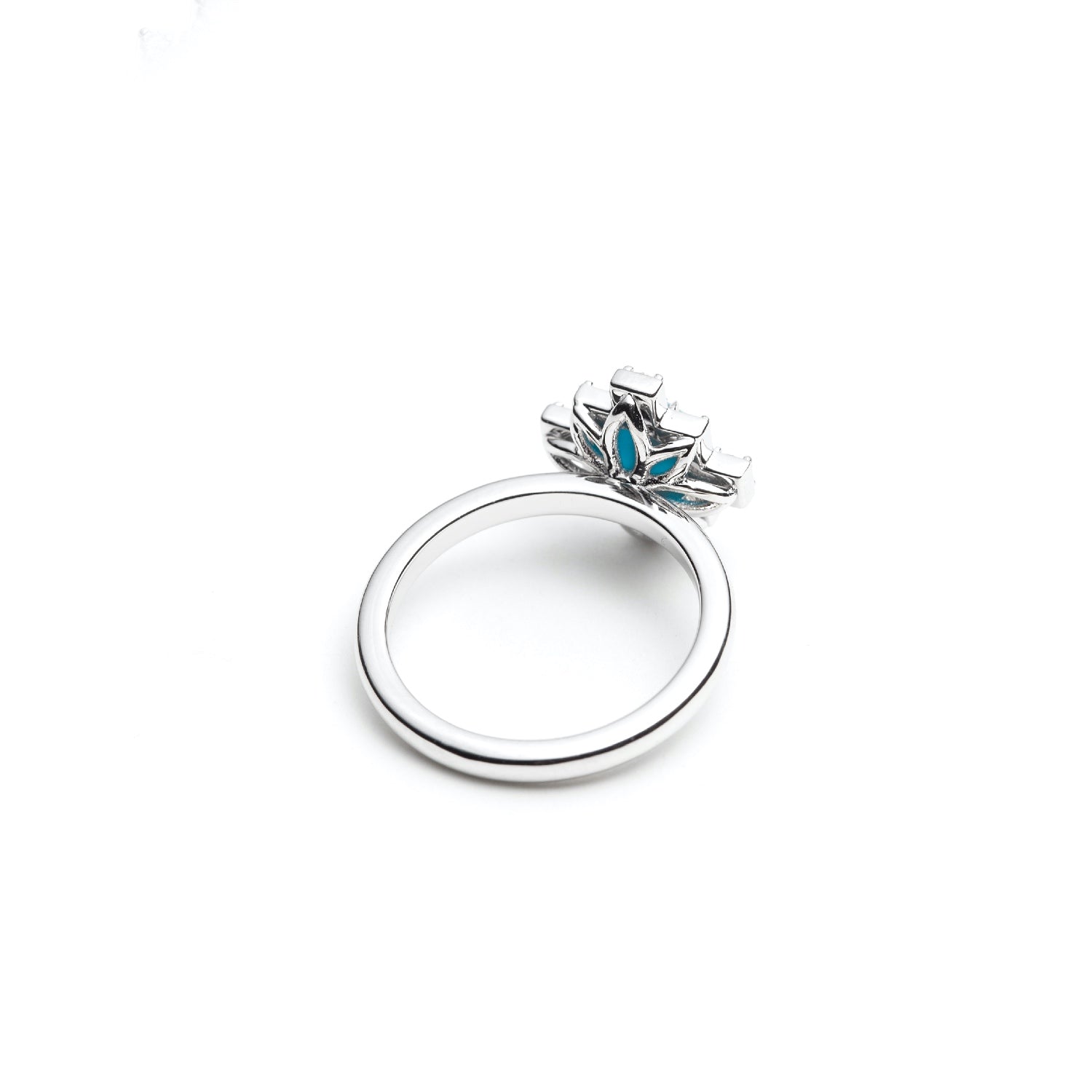 Cabochon Cut Turquoise and Lab-Grown Diamond Step Motif Ring in White Gold Side View