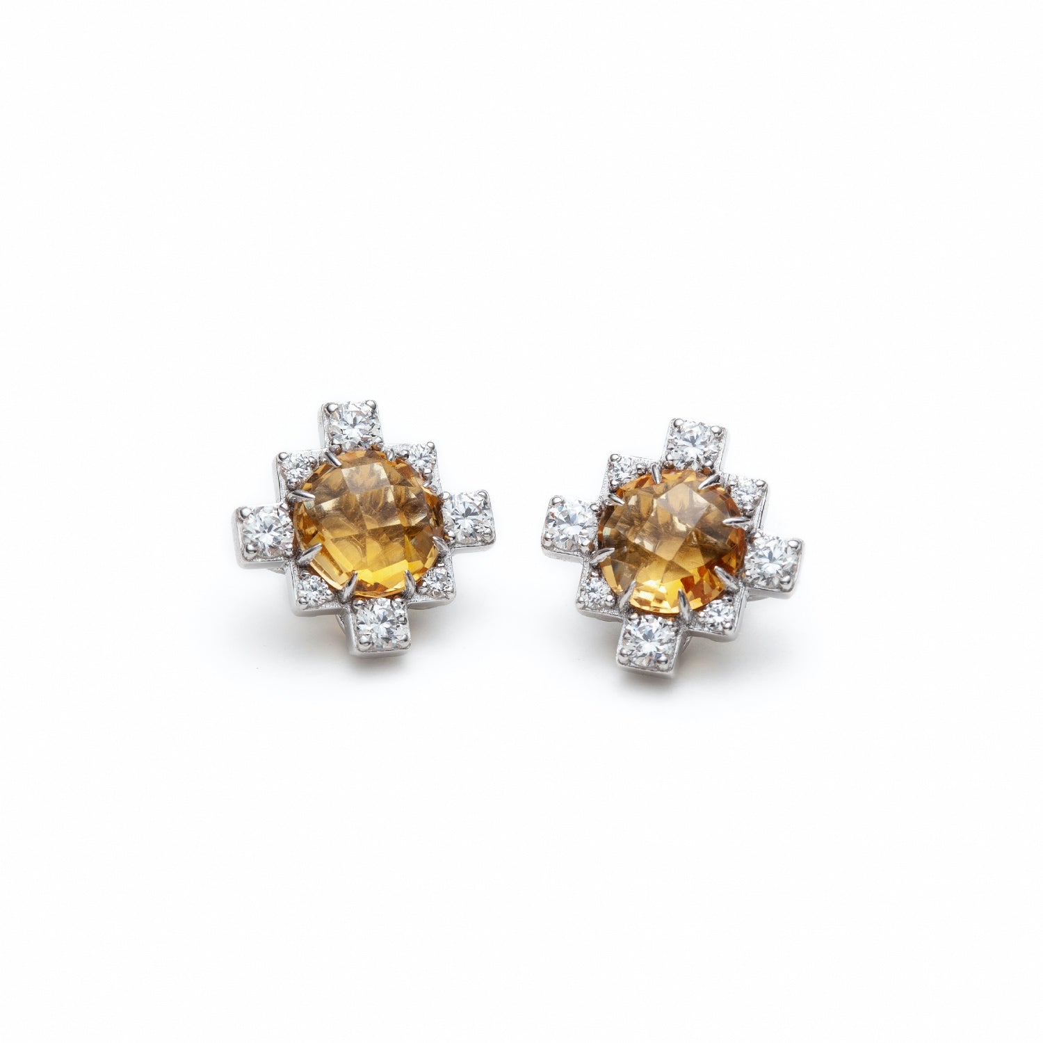 Checkerboard Cut Citrine and Lab-Grown Diamond Step Motif Stud Earrings in Sterling Silver