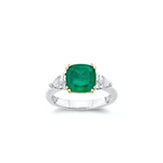 Cushion Cut Emerald and Pear-Shaped Diamond Three-Stone Ring