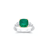 Cushion Cut Emerald and Pear-Shaped Diamond Three-Stone Ring