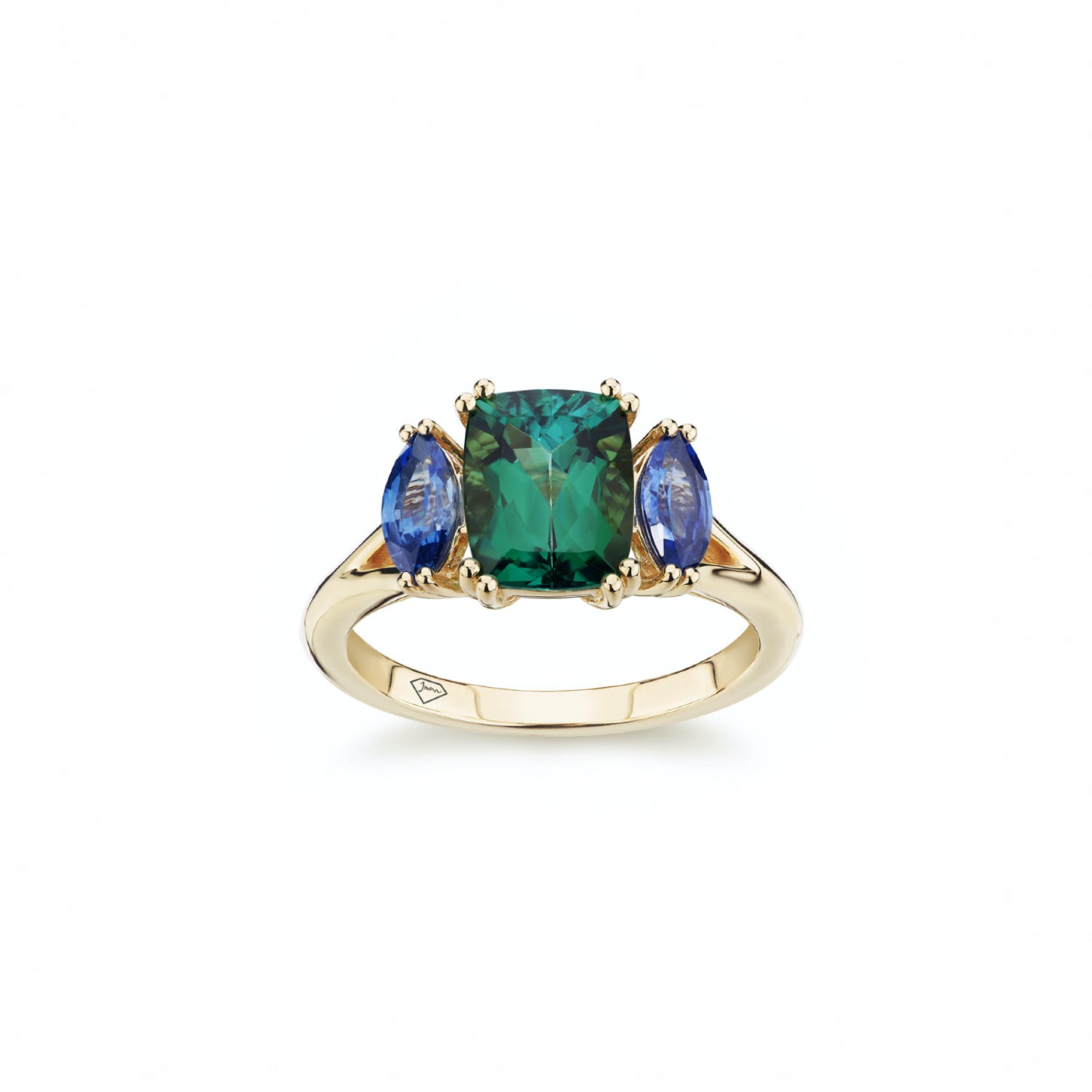 Cushion Cut Tourmaline and Marquise Cut Blue Sapphire Three-Stone Engagement Ring in Yellow Gold