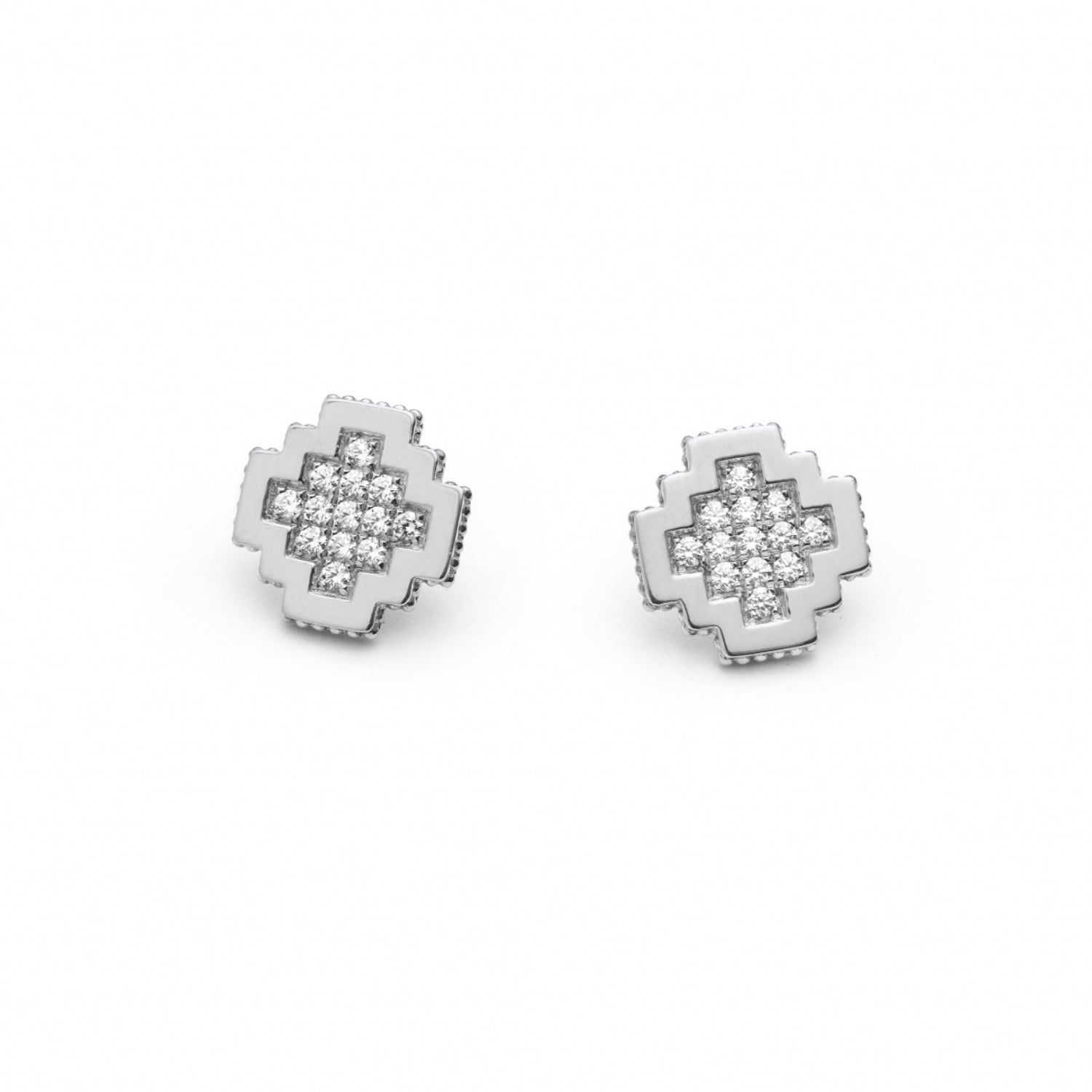 Diamond Pavé Step Motif Frame Stud Earrings in White Gold