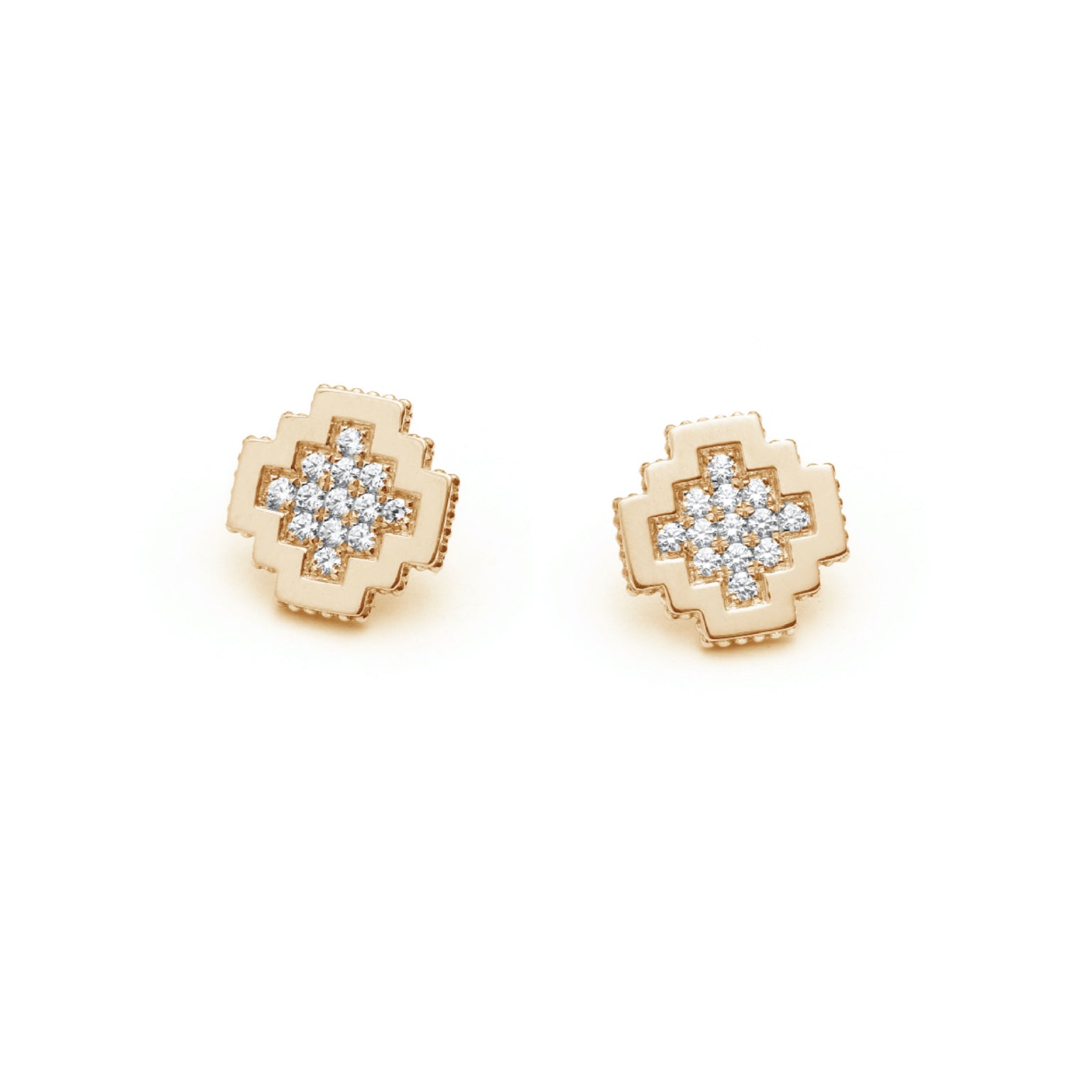 Diamond Pavé Step Motif Frame Stud Earrings in Yellow Gold
