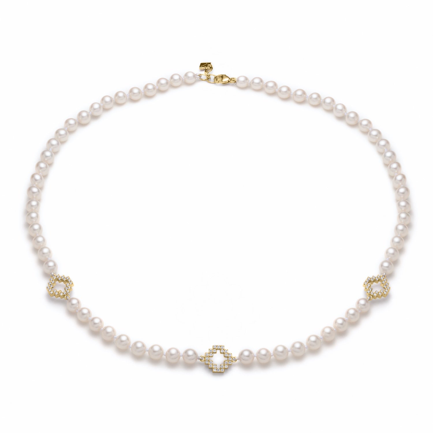 Diamond Pavé Three Step Motif Pearl Necklace in Yellow Gold