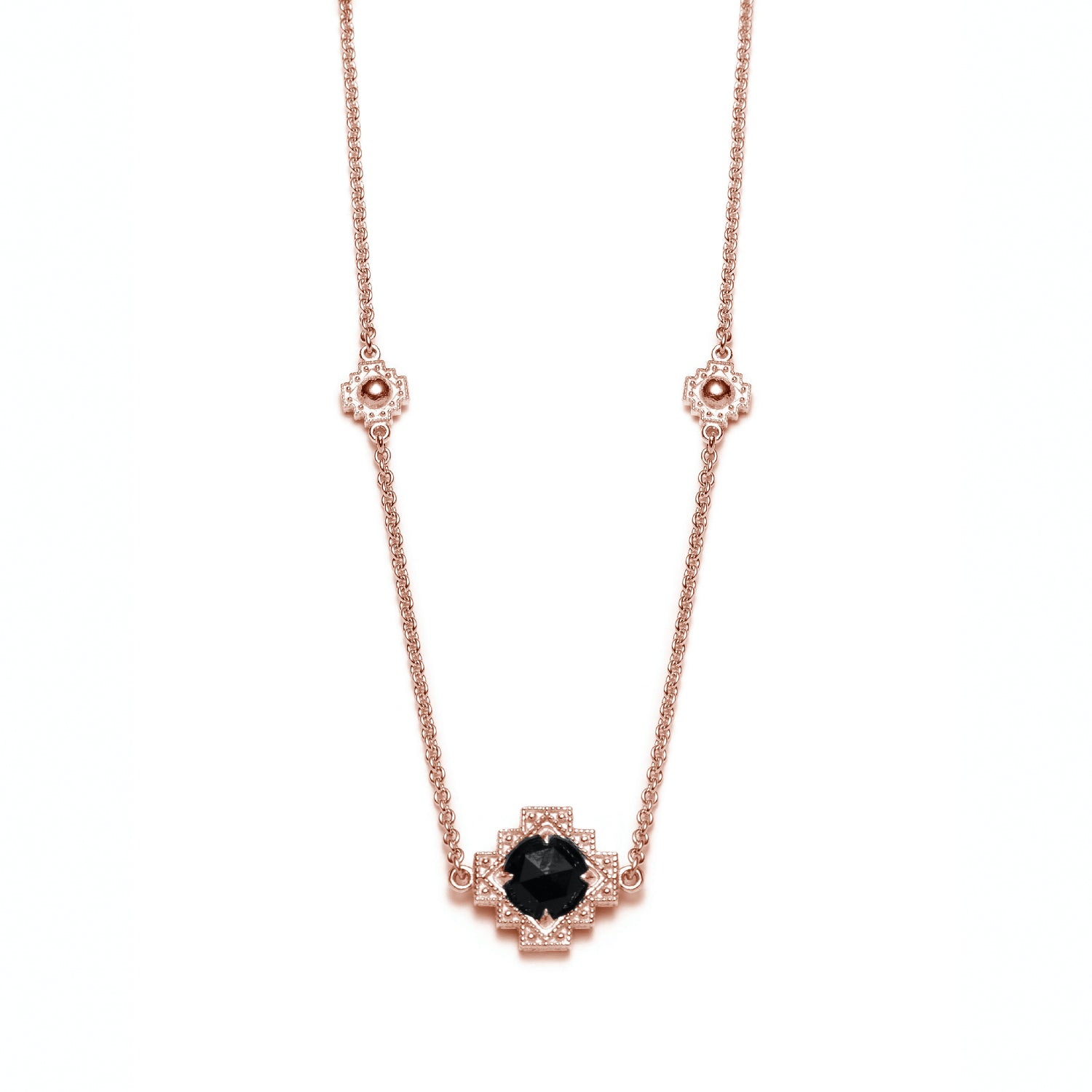 Double-Sided Rose Cut Single Black Onyx Step Motif Necklace in Rose Gold