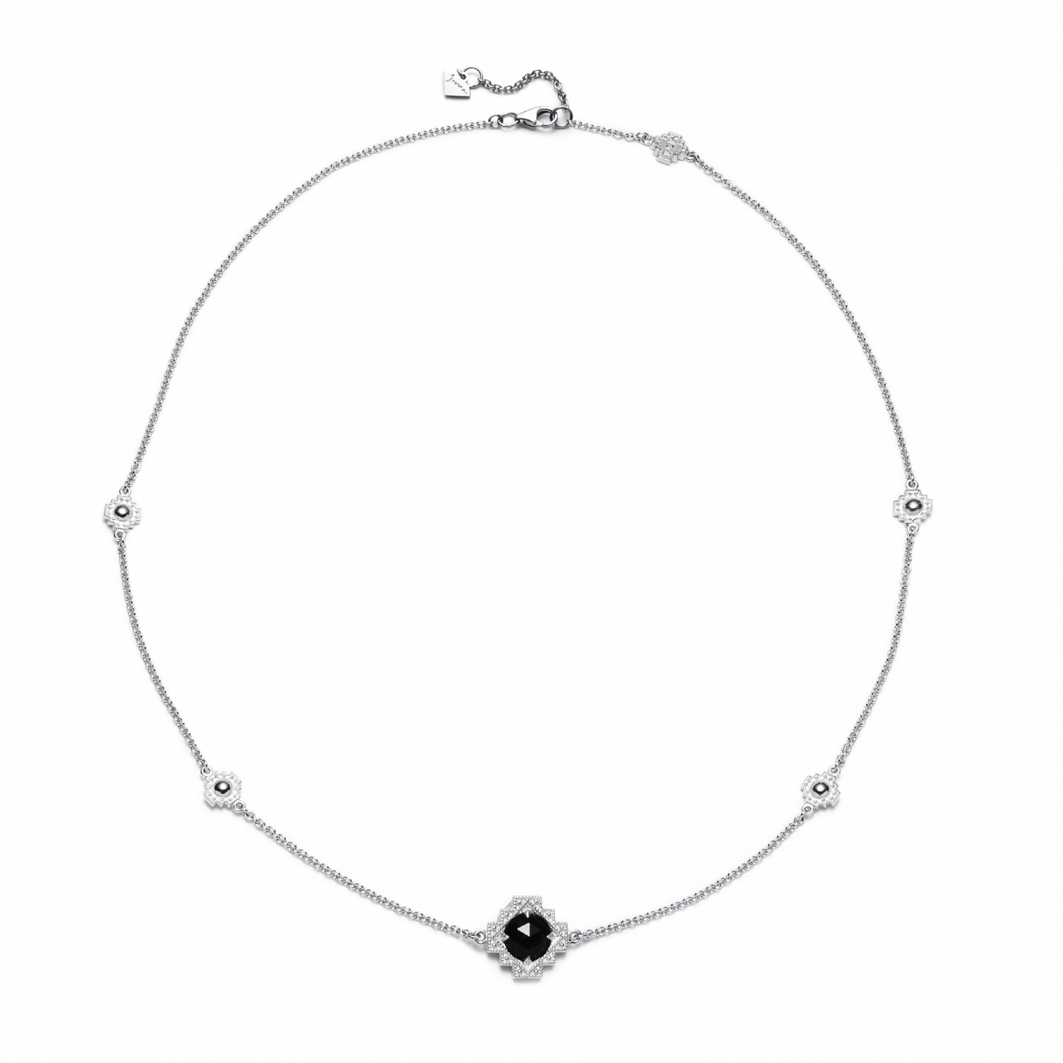 Double-Sided Rose Cut Single Black Onyx Step Motif Necklace in Sterling Silver