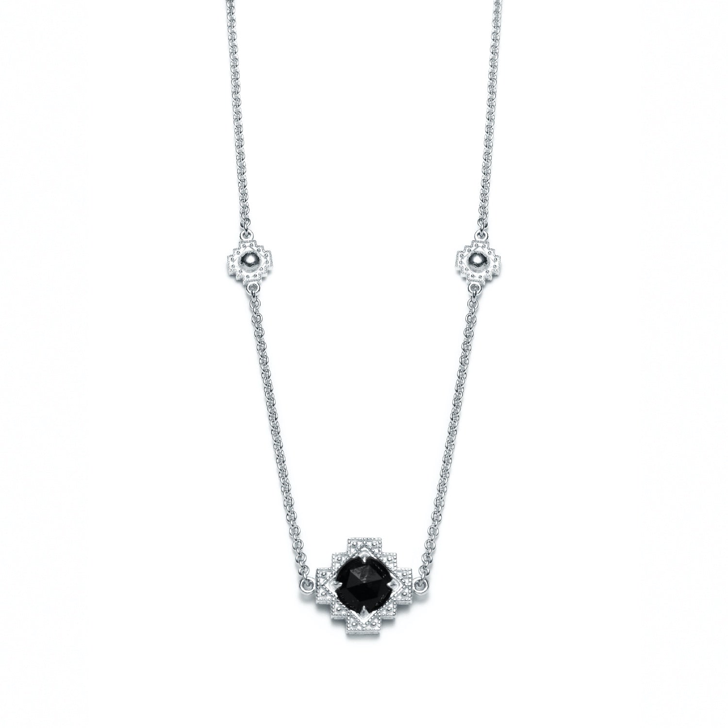 Double-Sided Rose Cut Single Black Onyx Step Motif Necklace in Sterling Silver