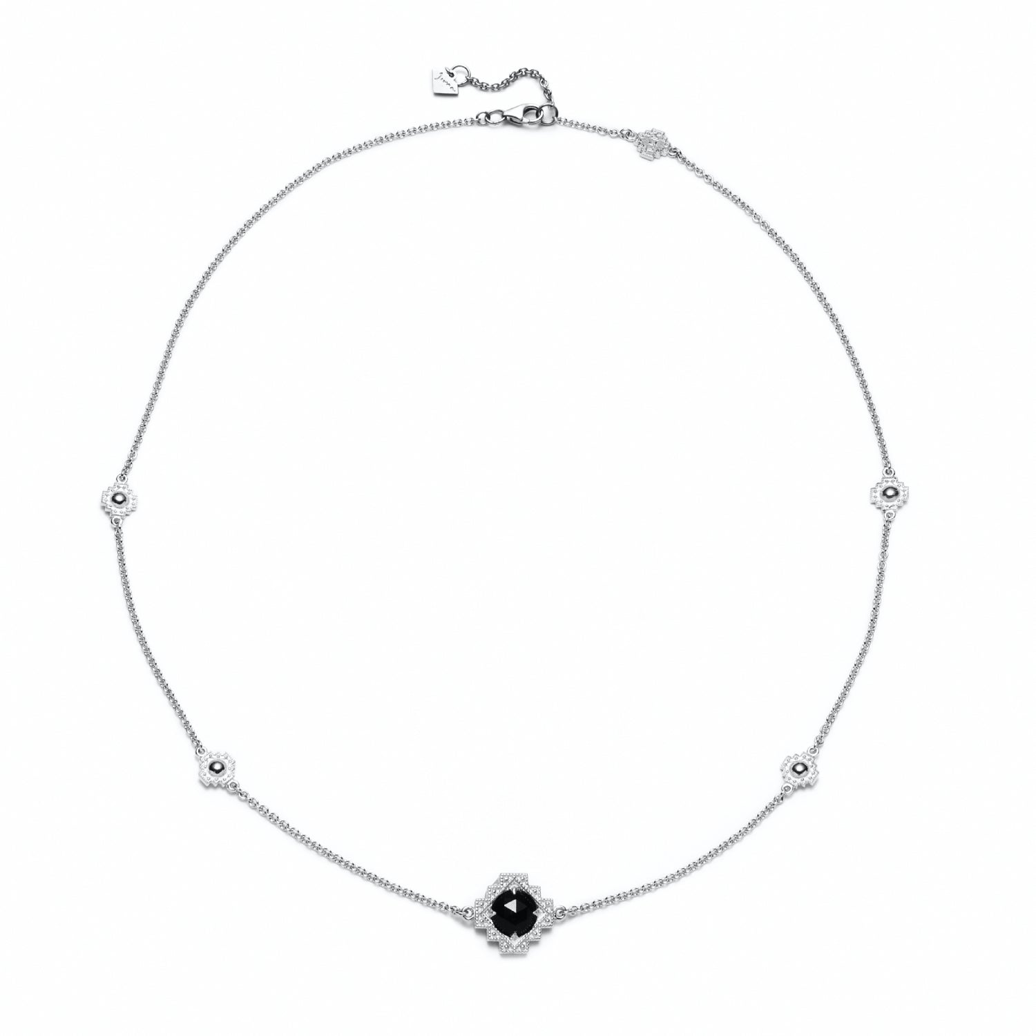 Double-Sided Rose Cut Single Black Onyx Step Motif Necklace in White Gold