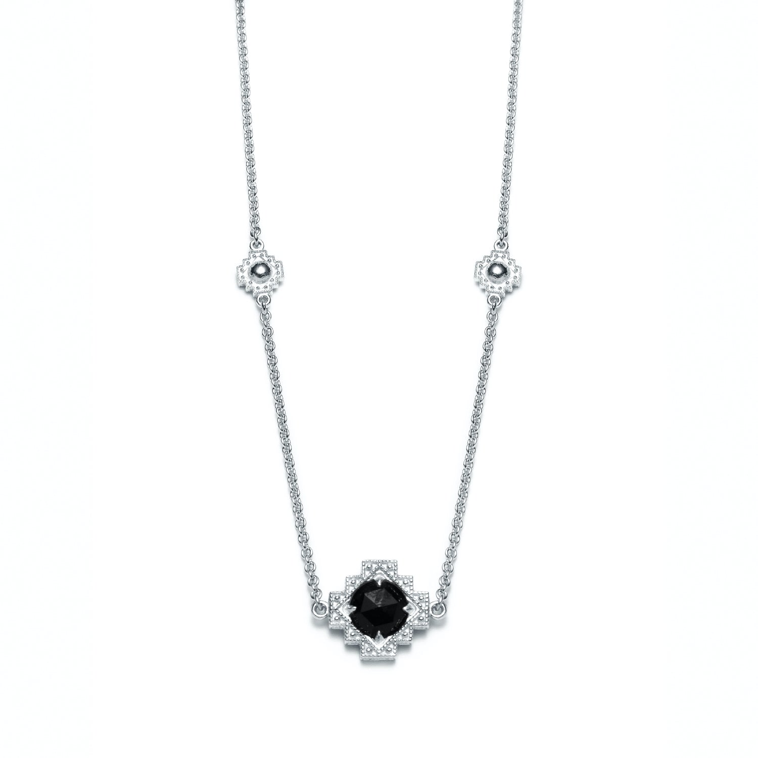 Double-Sided Rose Cut Single Black Onyx Step Motif Necklace in White Gold