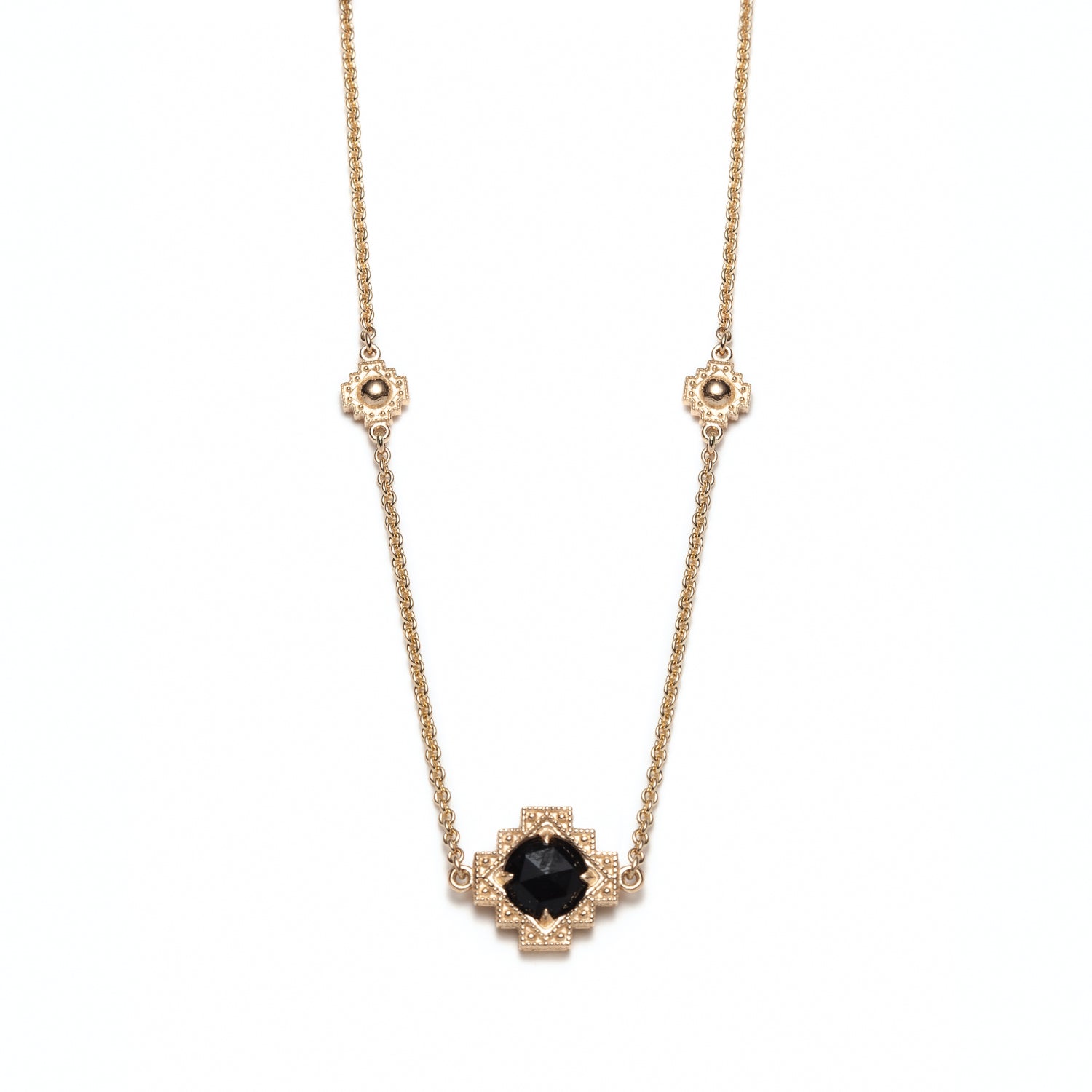 Double-Sided Rose Cut Single Black Onyx Step Motif Necklace in Yellow Gold