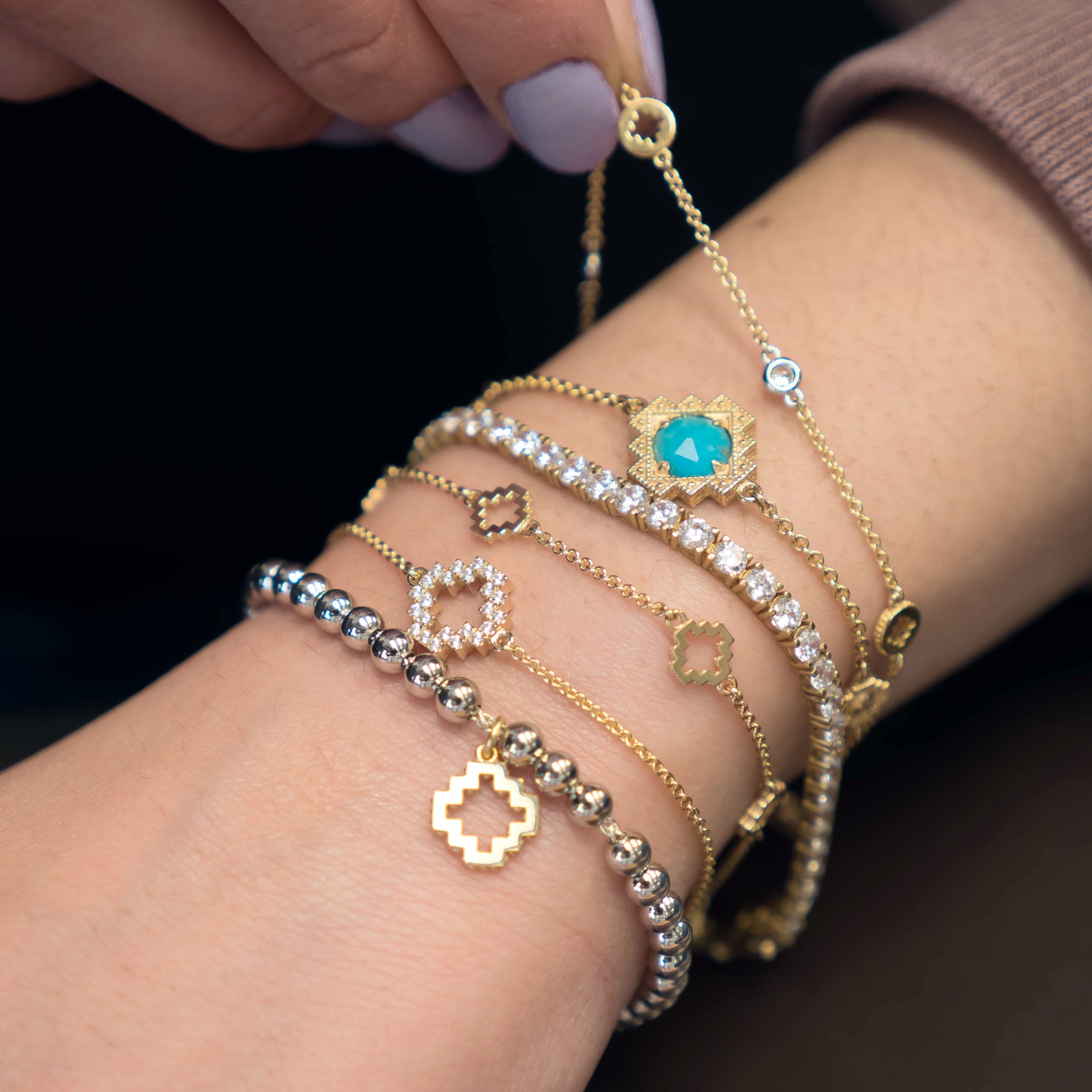 Double-Sided Rose Cut Turquoise Step Motif Bracelet on a Hand