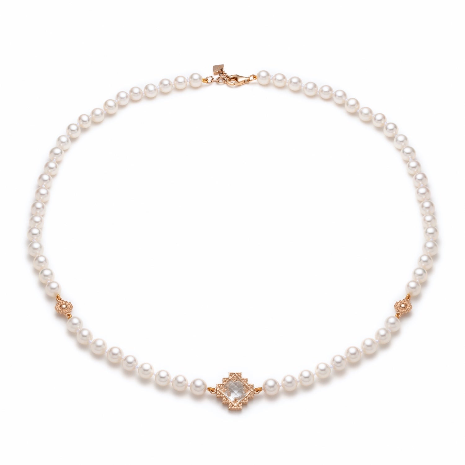 Double-Sided Rose Cut White Topaz Step Motif Pearl Necklace in Rose Gold