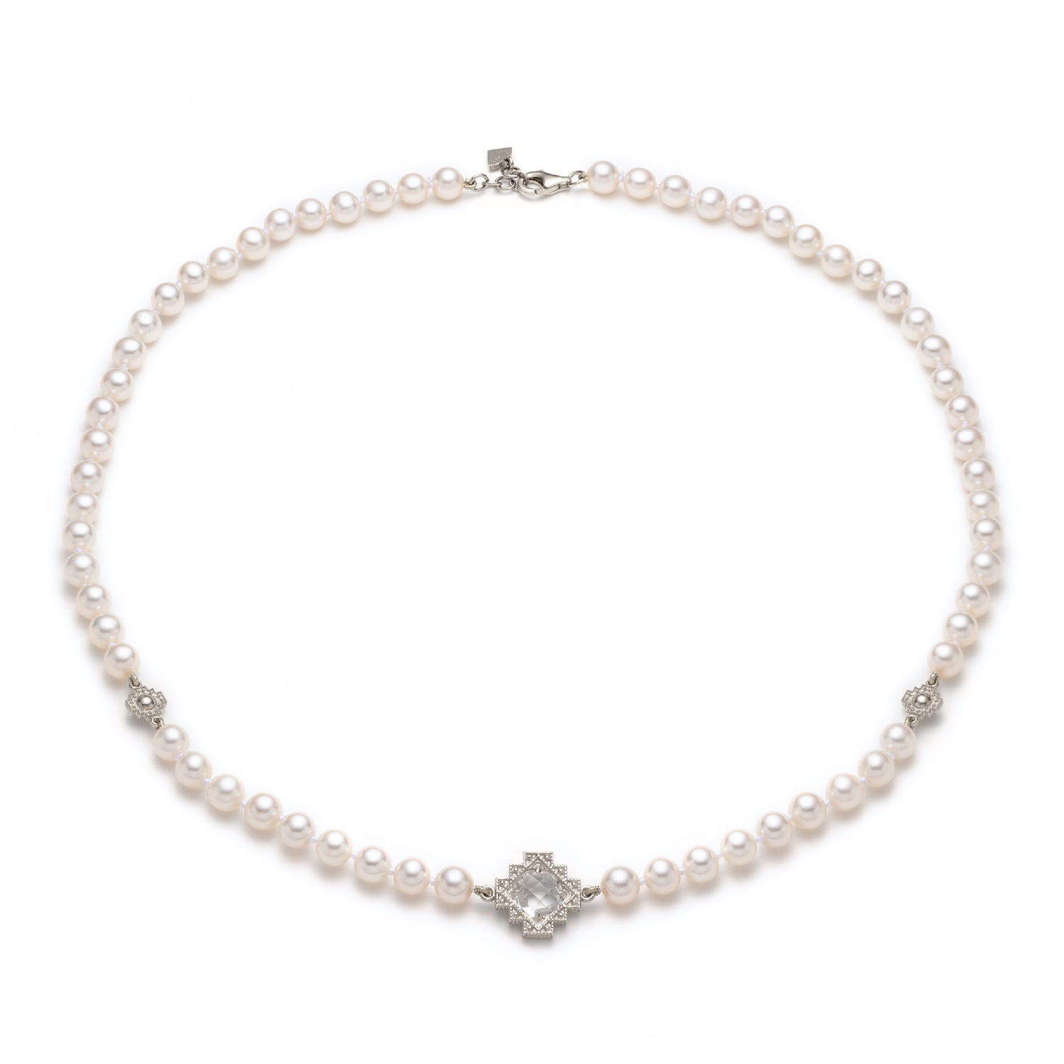 Double-Sided Rose Cut White Topaz Step Motif Pearl Necklace in White Gold
