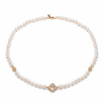 Double-Sided Rose Cut White Topaz Step Motif Pearl Necklace in Yellow Gold 