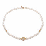 Double-Sided Rose Cut White Topaz Step Motif Pearl Necklace in Yellow Gold