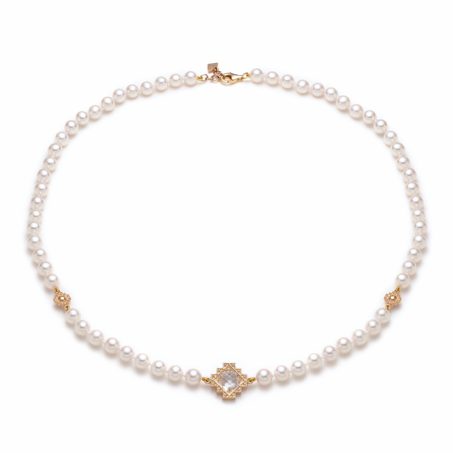 Double-Sided Rose Cut White Topaz Step Motif Pearl Necklace in Yellow Gold