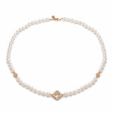 Double-Sided Rose Cut White Topaz Step Motif Pearl Necklace in Yellow Gold