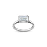 East-West Emerald Cut Lab-Grown Diamond Bezel Solitaire Engagement Ring in White Gold Front View