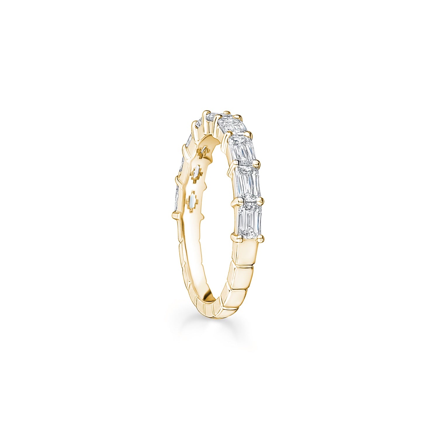 Emerald Cut Diamond Shared Prong Half-Eternity Ring in Yellow Gold Side View