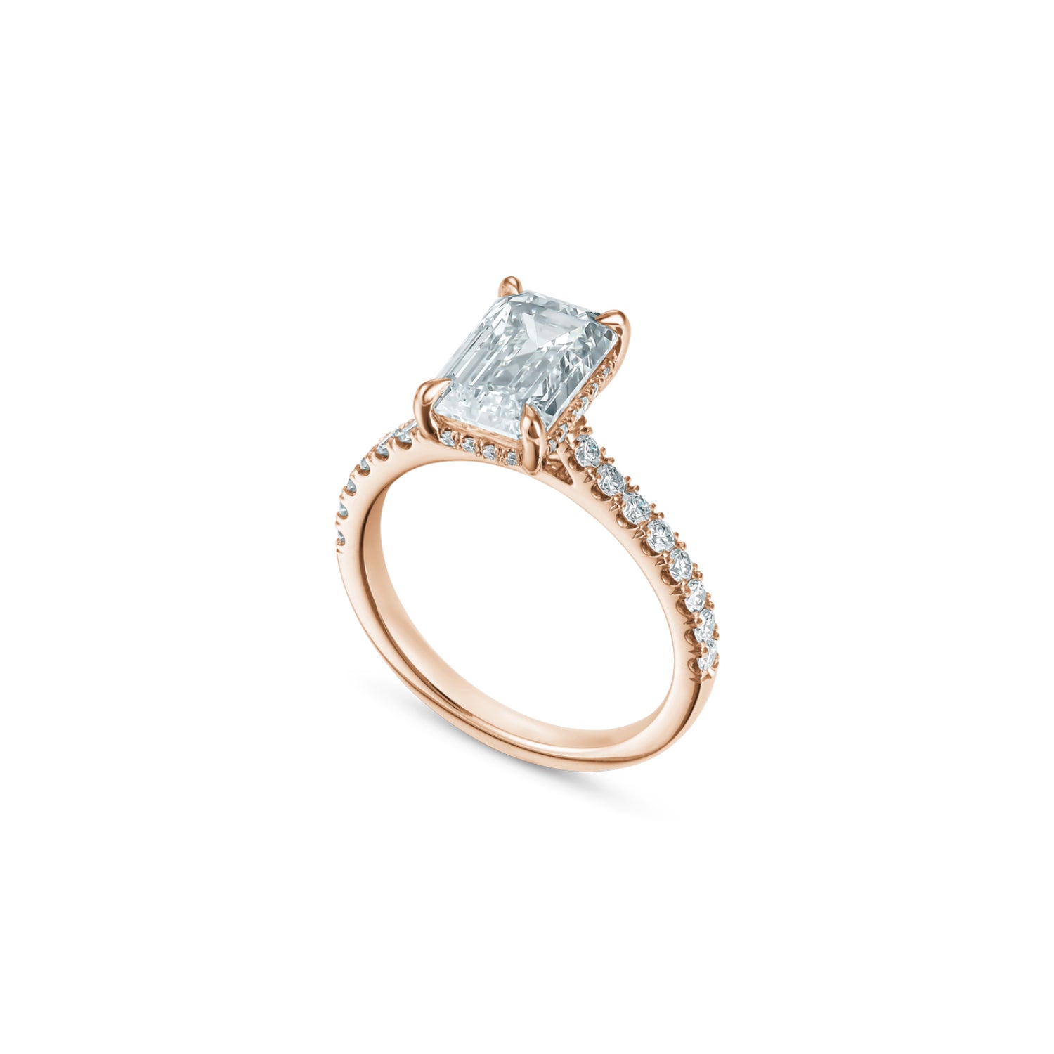 Emerald Cut Lab-Grown Diamond Hidden Halo Engagement Ring in Rose Gold Side View