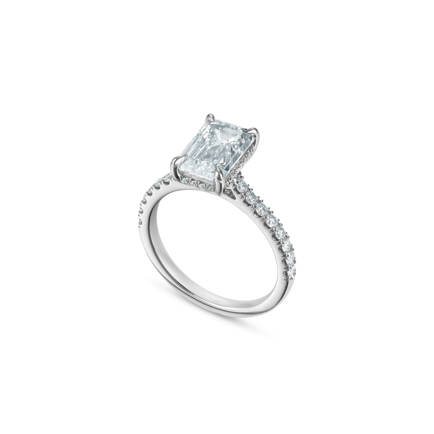 Emerald Cut Lab-Grown Diamond Hidden Halo Engagement Ring in White Gold Side View
