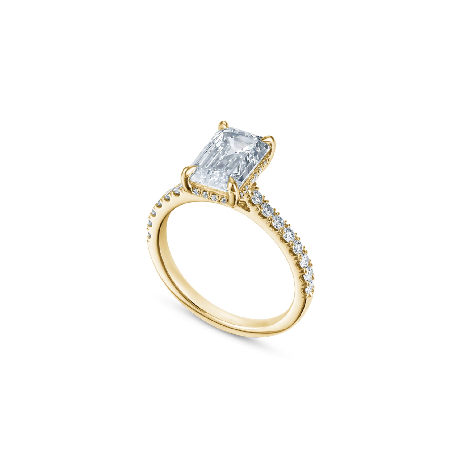Emerald Cut Lab-Grown Diamond Hidden Halo Engagement Ring in Yellow Gold Side View