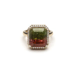 Emerald Cut Watermelon Tourmaline Diamond Halo Ring