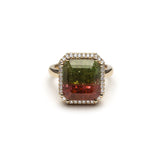 Emerald Cut Watermelon Tourmaline Diamond Halo Ring