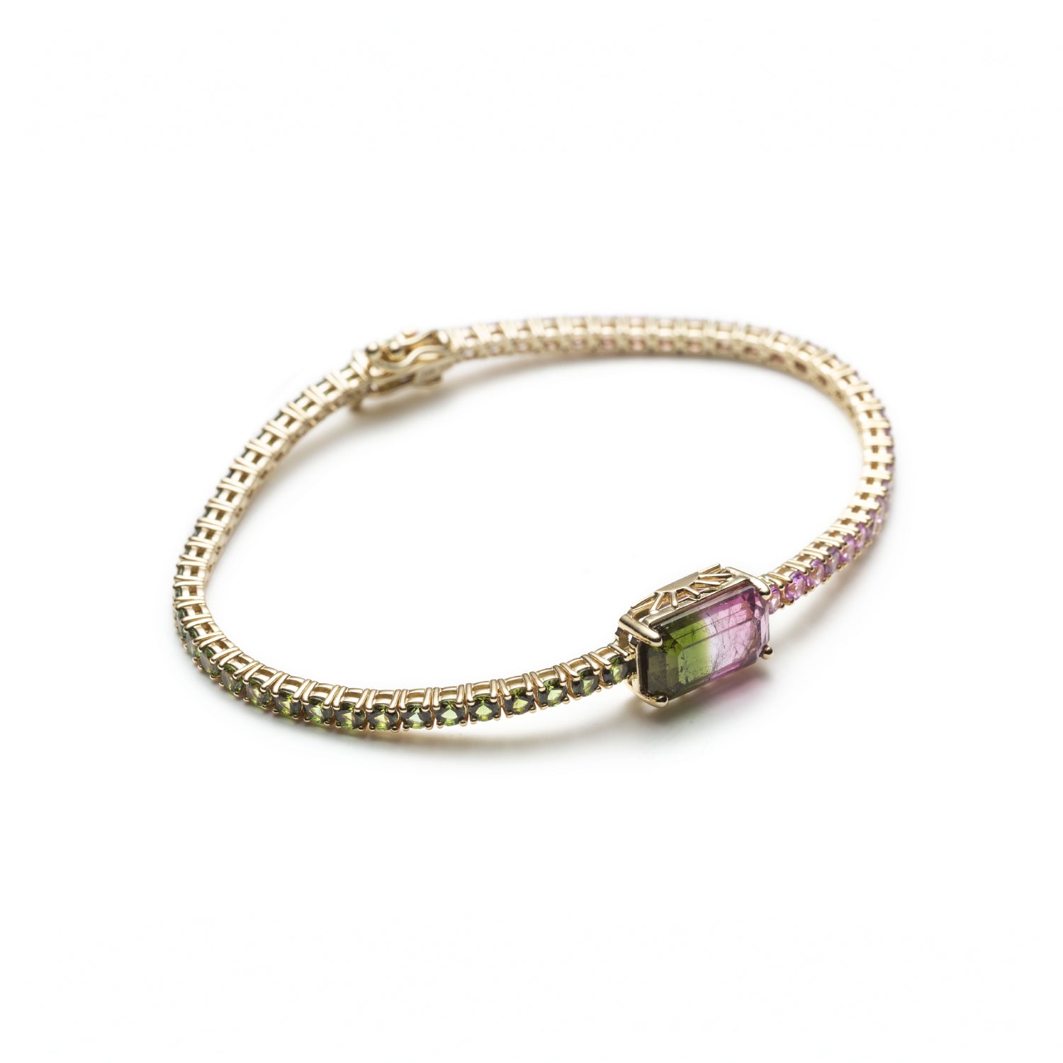 Emerald Cut Watermelon Tourmaline Tennis Bracelet Side View