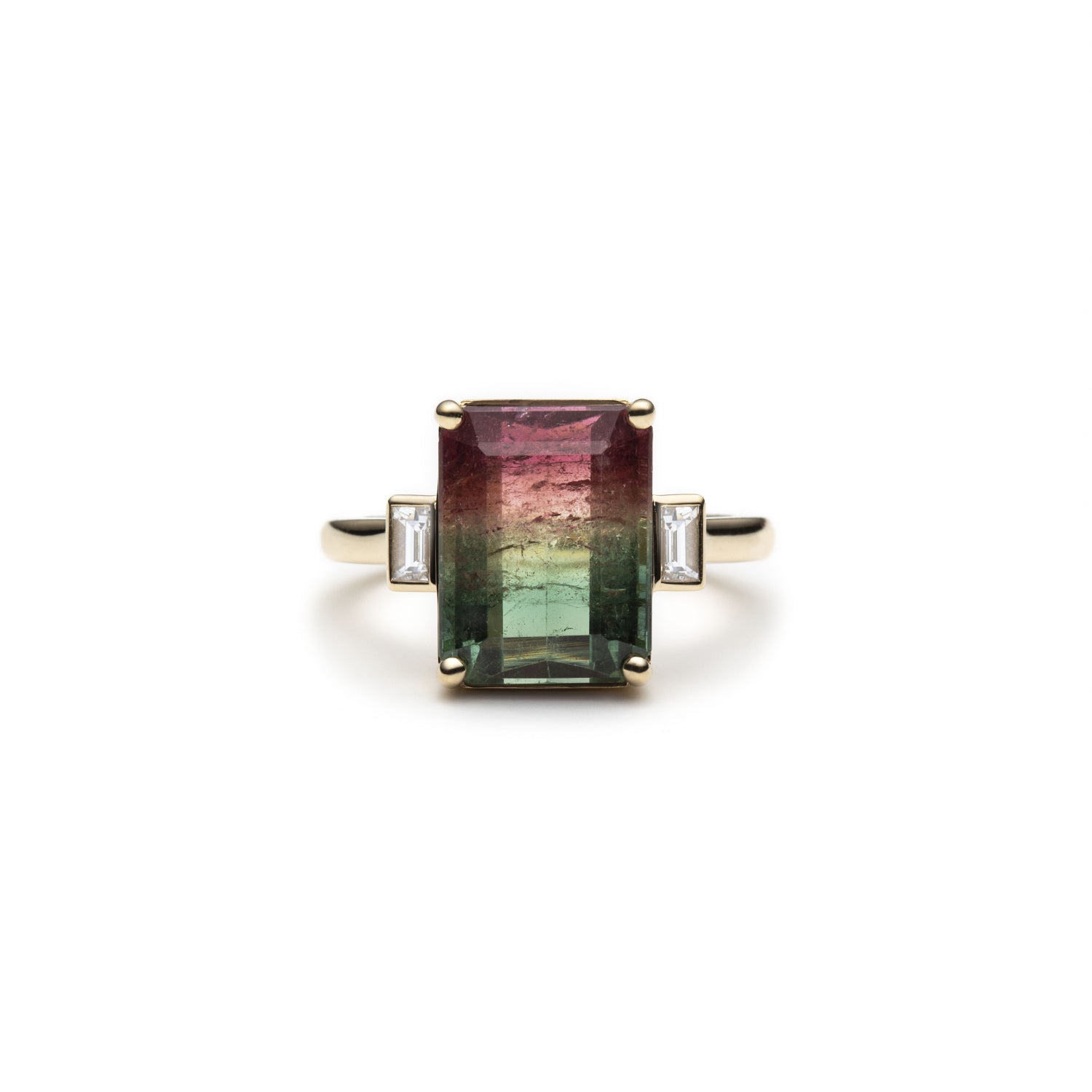 Emerald Cut Watermelon Tourmaline and Baguette Cut Diamond Three-Stone Ring