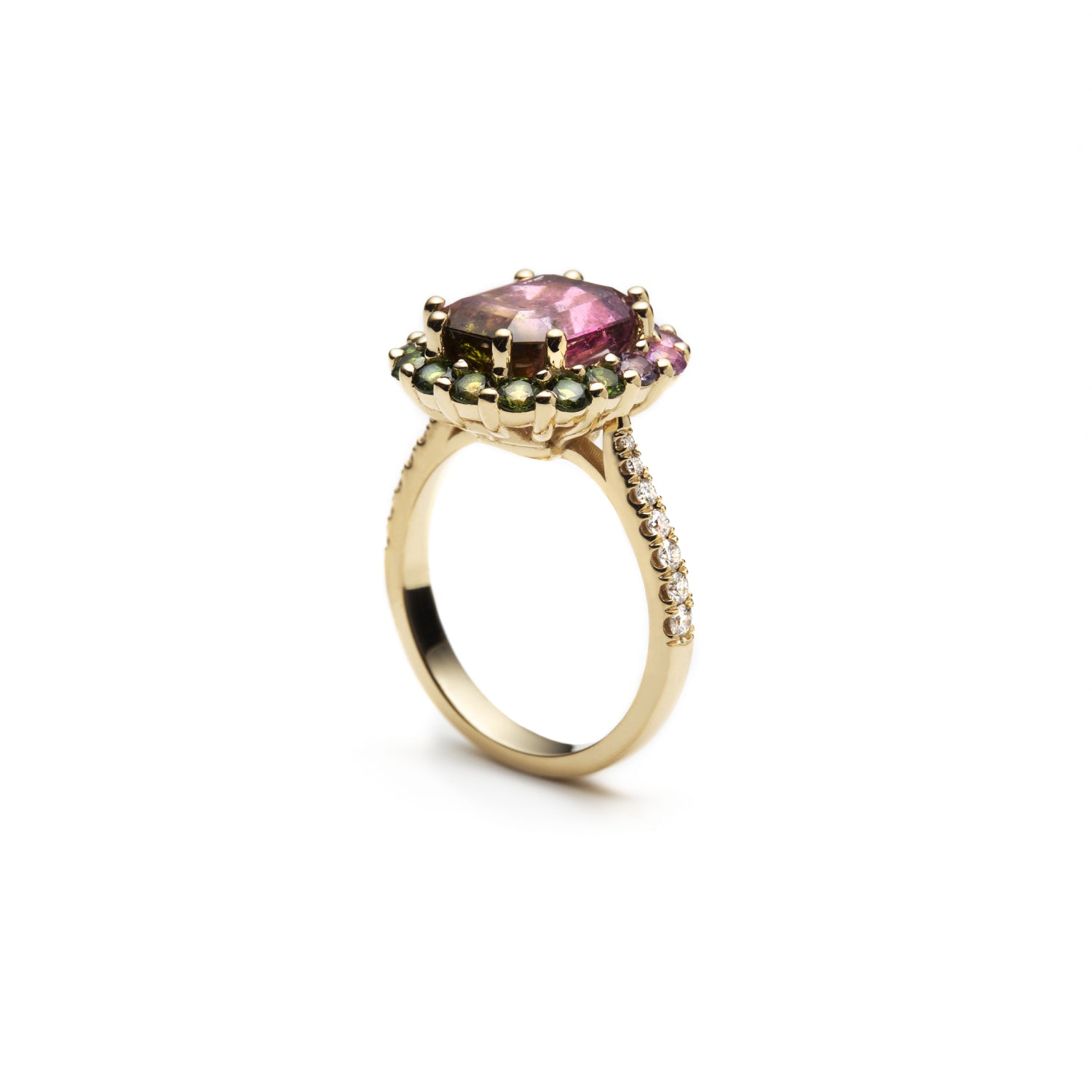 Emerald Cut Watermelon Tourmaline and Matching Halo Ring Side View