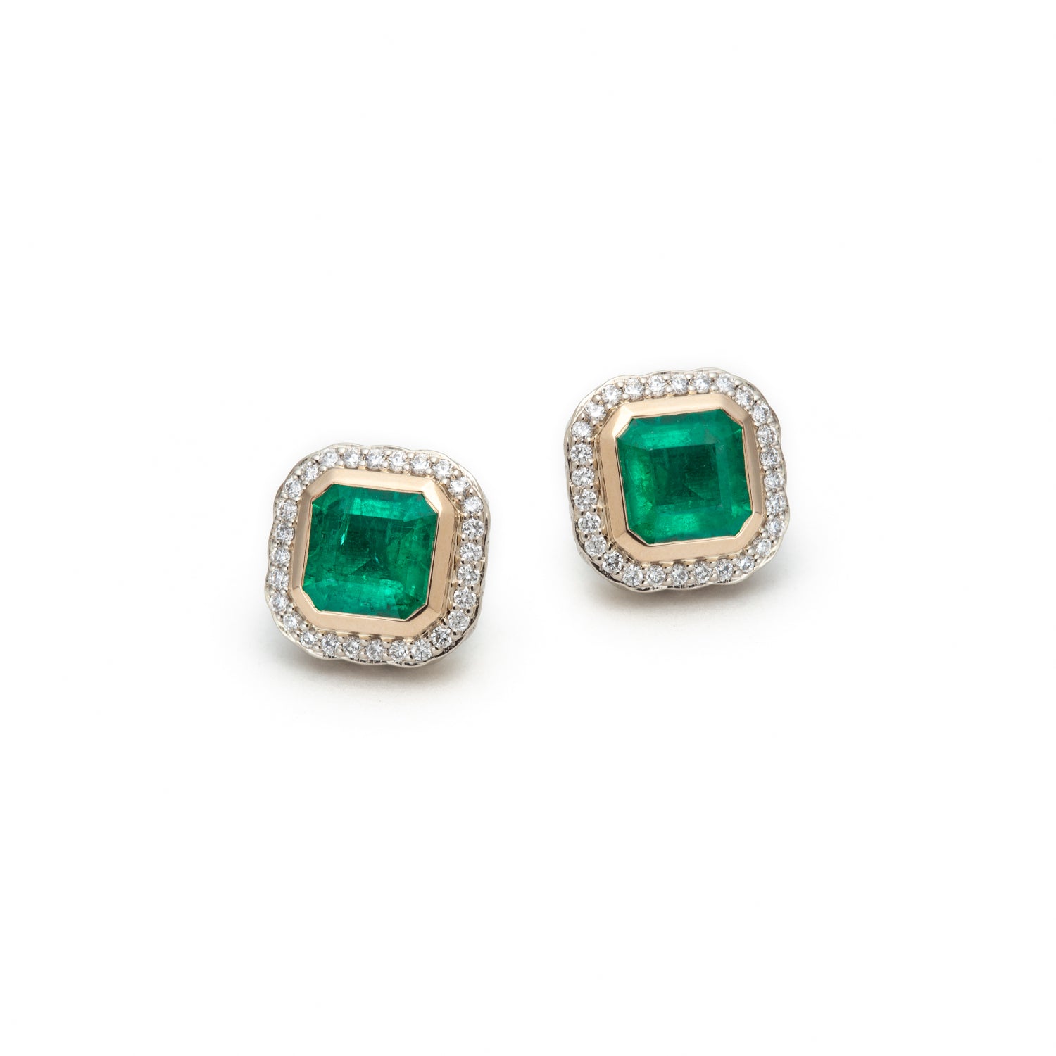 Emerald and Diamond Octagonal Halo Two-Tone Gold Stud Earrings