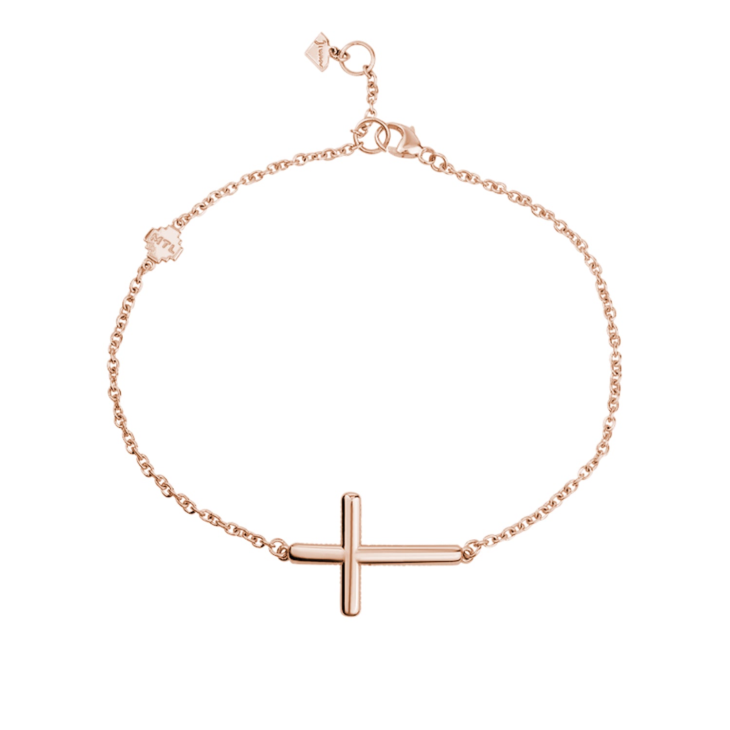 Horizontal Curved Sideways Cross Bracelet in Rose Gold Top View