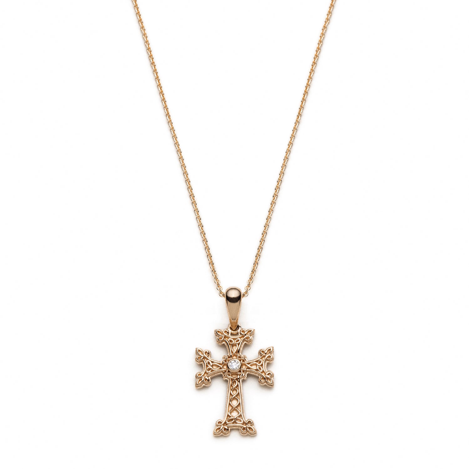 "Khachkar" Armenian Cross Mini Pendant with Centre Diamond in Yellow Gold