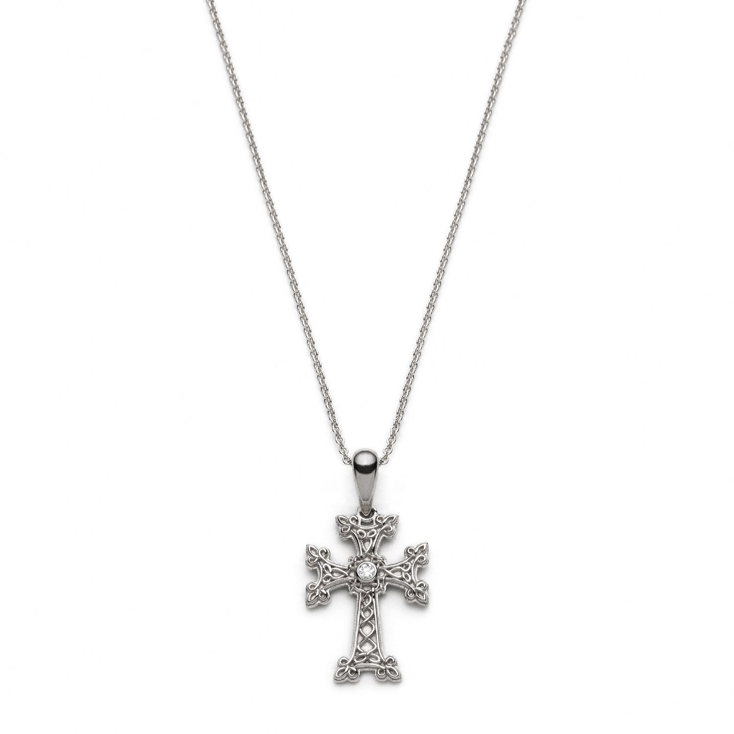 "Khachkar" Armenian Cross Mini Pendant with Centre Diamond in White Gold
