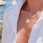 Lepia Mermaid Scales Motif Mother of Pearl Pendant on a Model