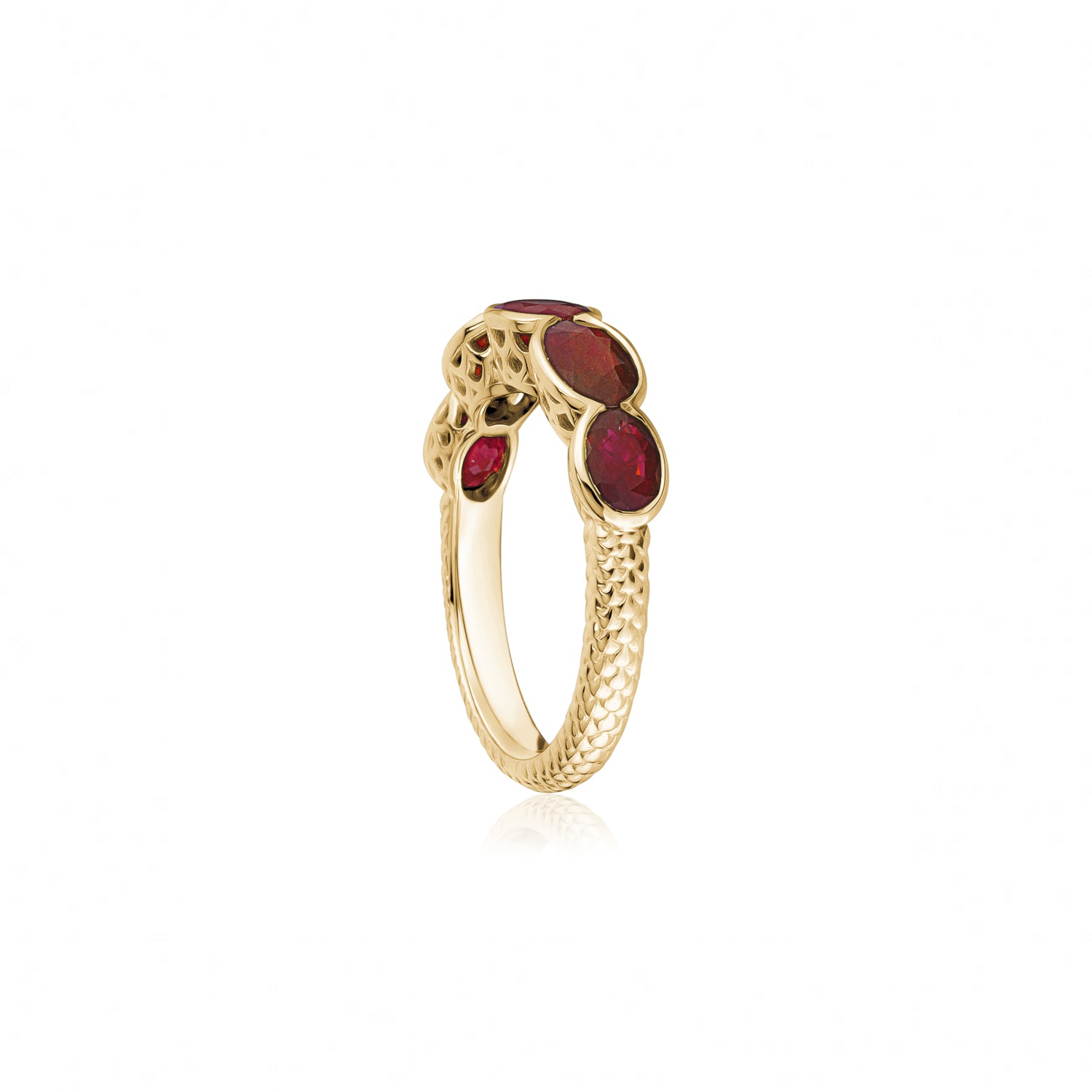 Lepia Oval Ruby Five-Stone Ring in Yellow Gold Side View