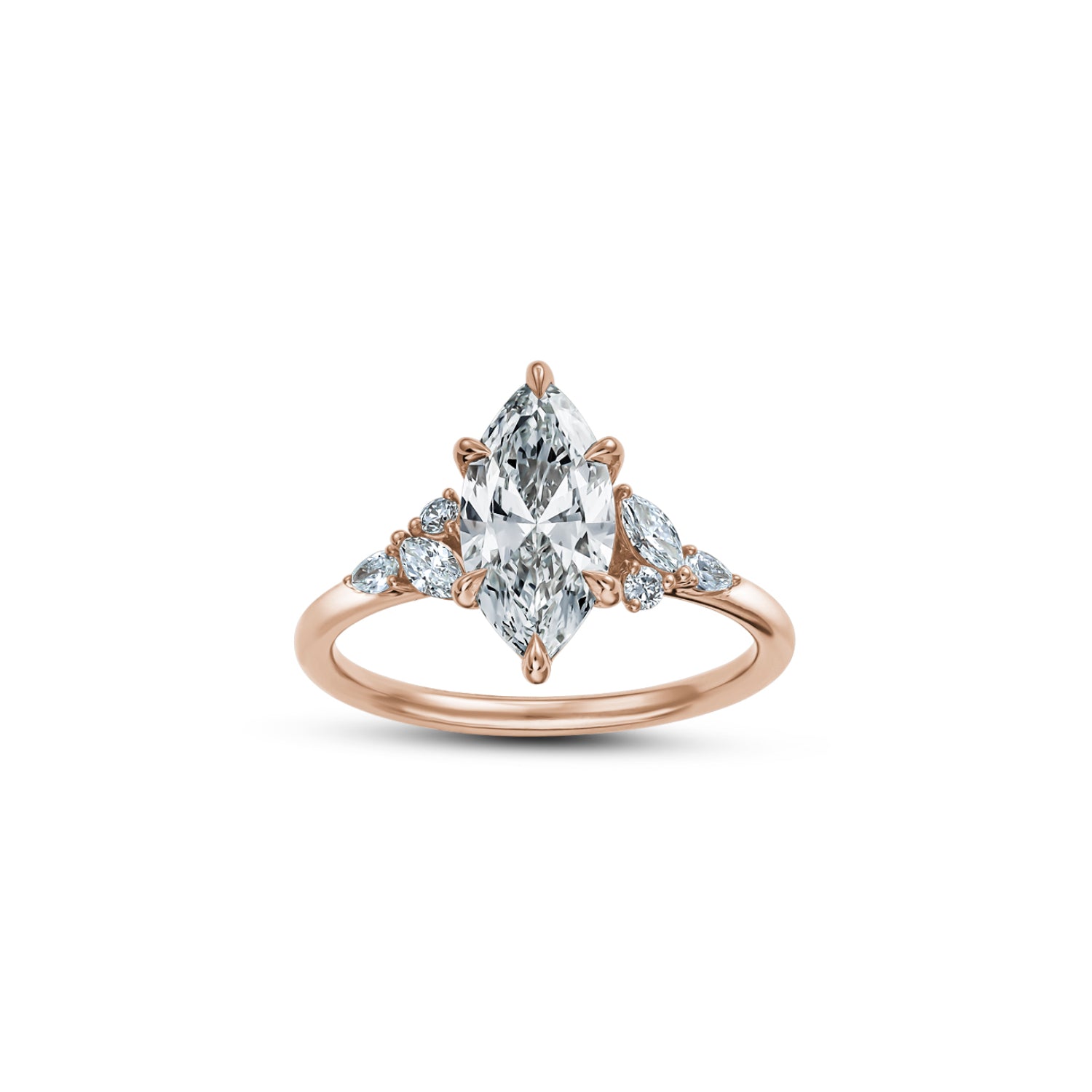Marquise Cut Lab-Grown Diamond Cluster Floral Engagement Ring in Rose Gold Front View