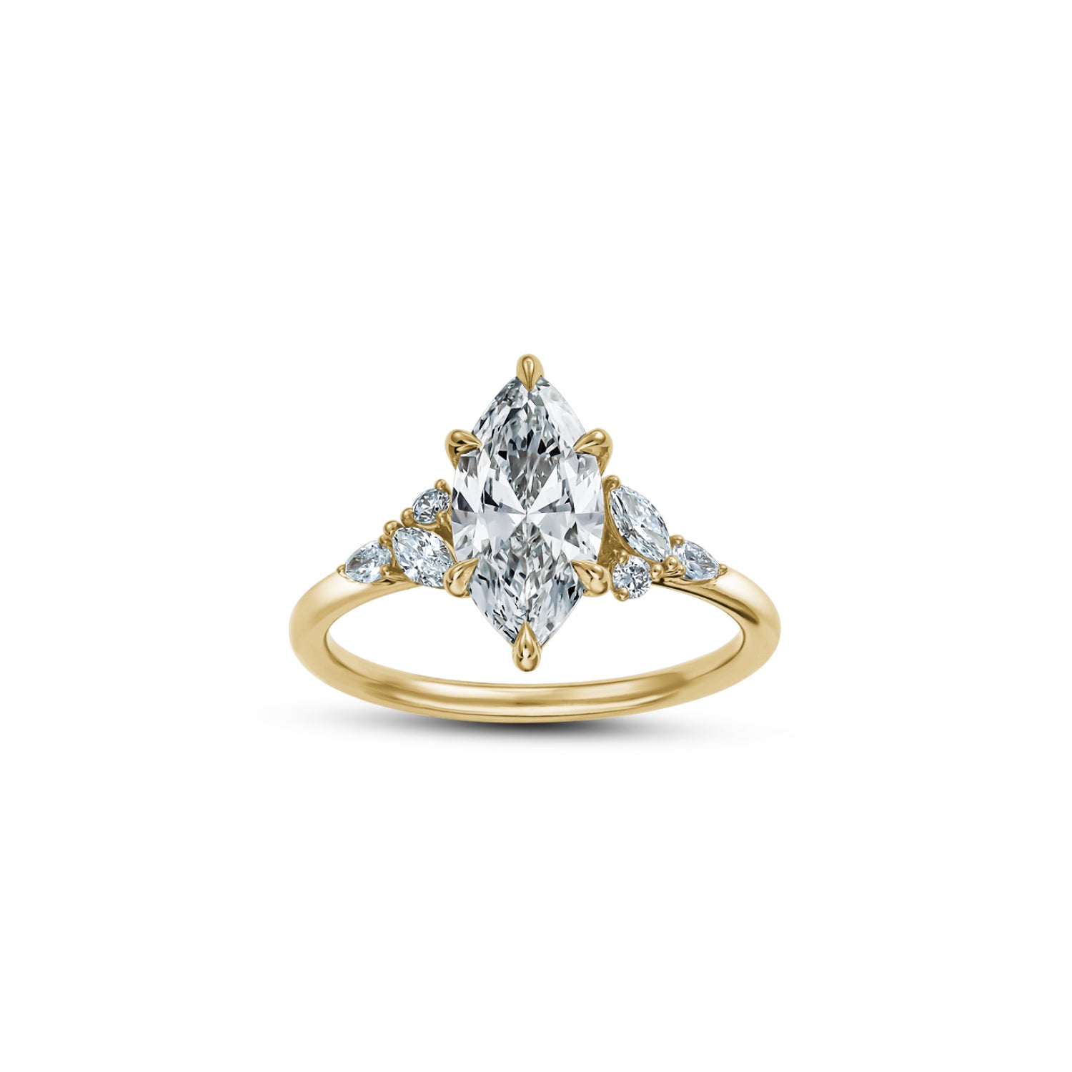 Marquise Cut Lab-Grown Diamond Cluster Floral Engagement Ring in Yellow Gold Front View