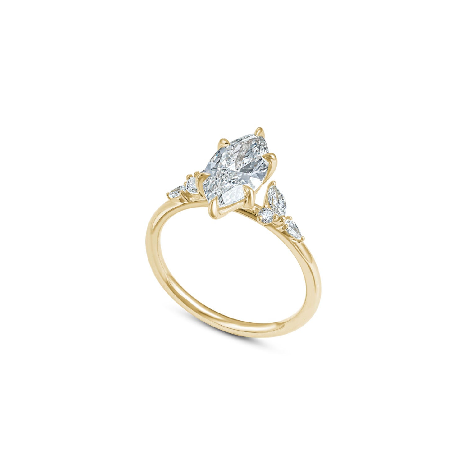 Marquise Cut Lab-Grown Diamond Cluster Floral Engagement Ring in Yellow Gold Side View
