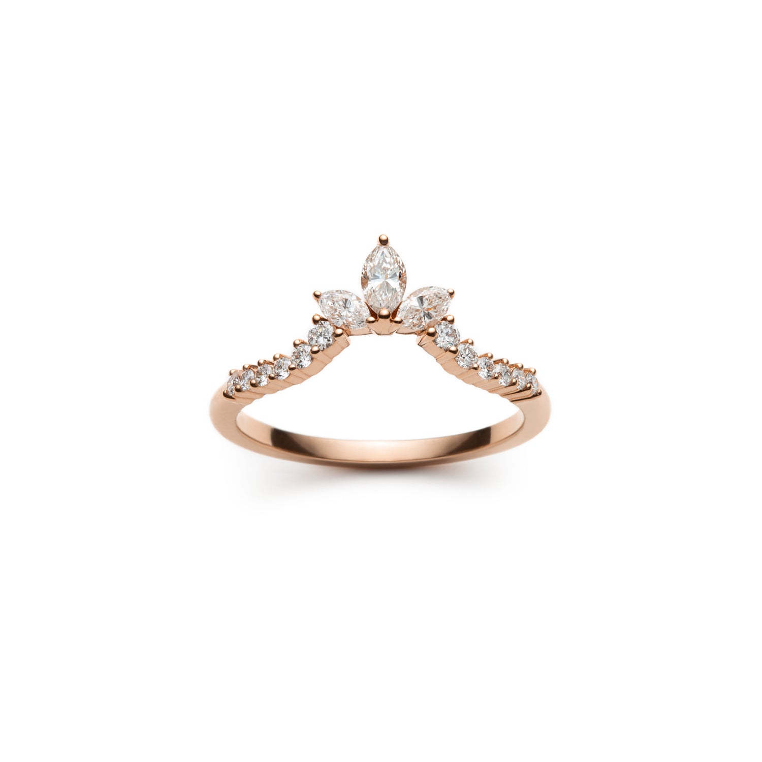 Marquise and Round Brilliant Cut Diamond Tiara Chevron Half-Eternity Ring in Rose Gold