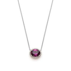 Mermaid Oval Rhodolite Garnet Diamond Halo Two-Tone Gold Necklace