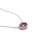 Mermaid Oval Rhodolite Garnet Diamond Halo Two-Tone Gold NecklaceMermaid Oval Rhodolite Garnet Diamond Halo Two-Tone Gold Necklace Side View