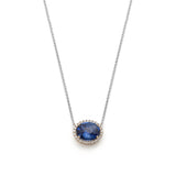 Mermaid Oval Sapphire Diamond Halo Two-Tone Gold Necklace