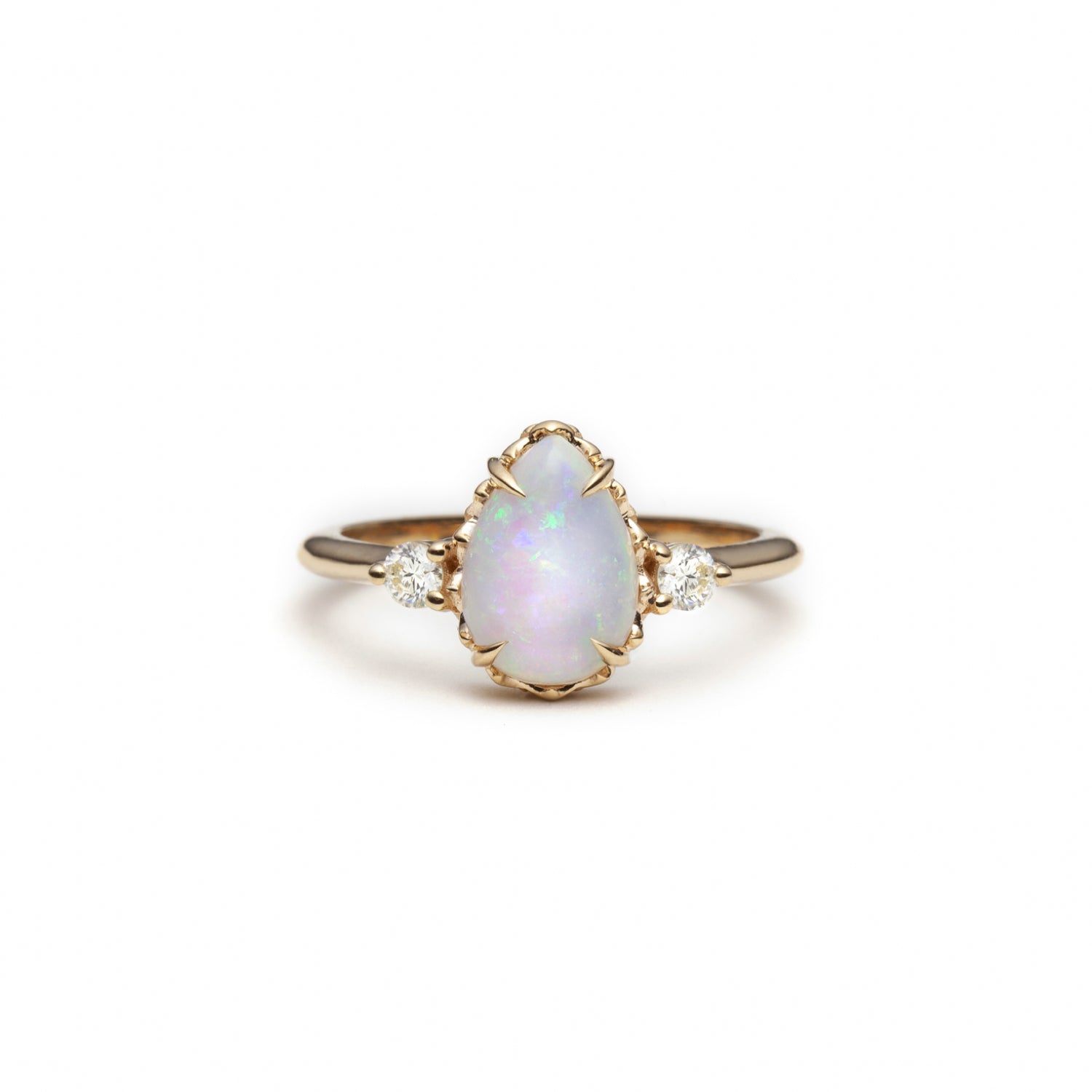 Mermaid Pear-Shaped Opal and Diamond Three-Stone Ring in Yellow Gold