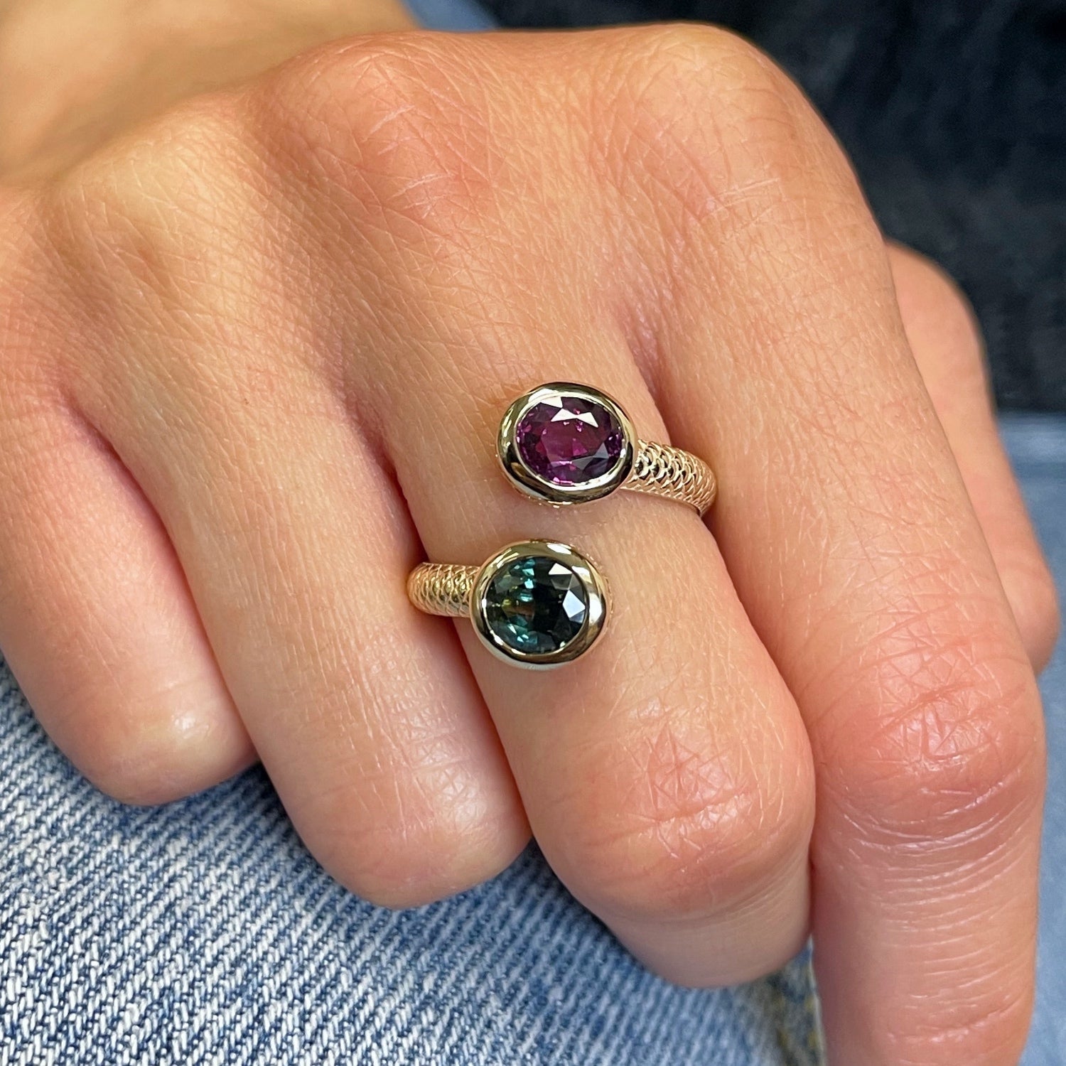 Mermaid Pink and Green Tourmaline Bypass RingMermaid Pink and Green Tourmaline Bypass Ring on a Hand