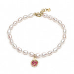 Mini Pomegranate Ruby Pavé Charm Pearl Bracelet in Yellow Gold